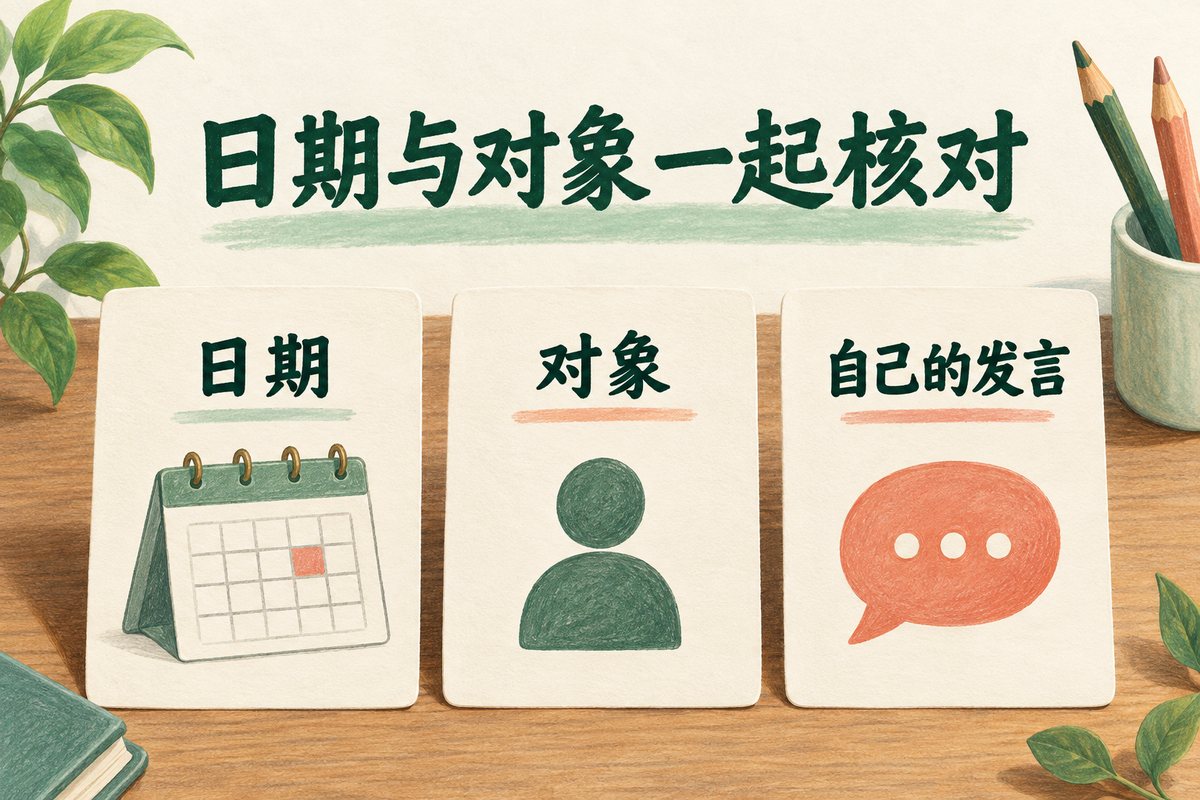 查找摘要时同时核对日期、对象与自己的发言