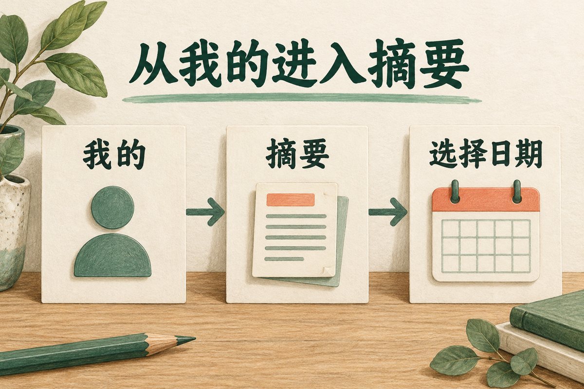Letstalk摘要入口示意：从我的进入摘要，再选择日期