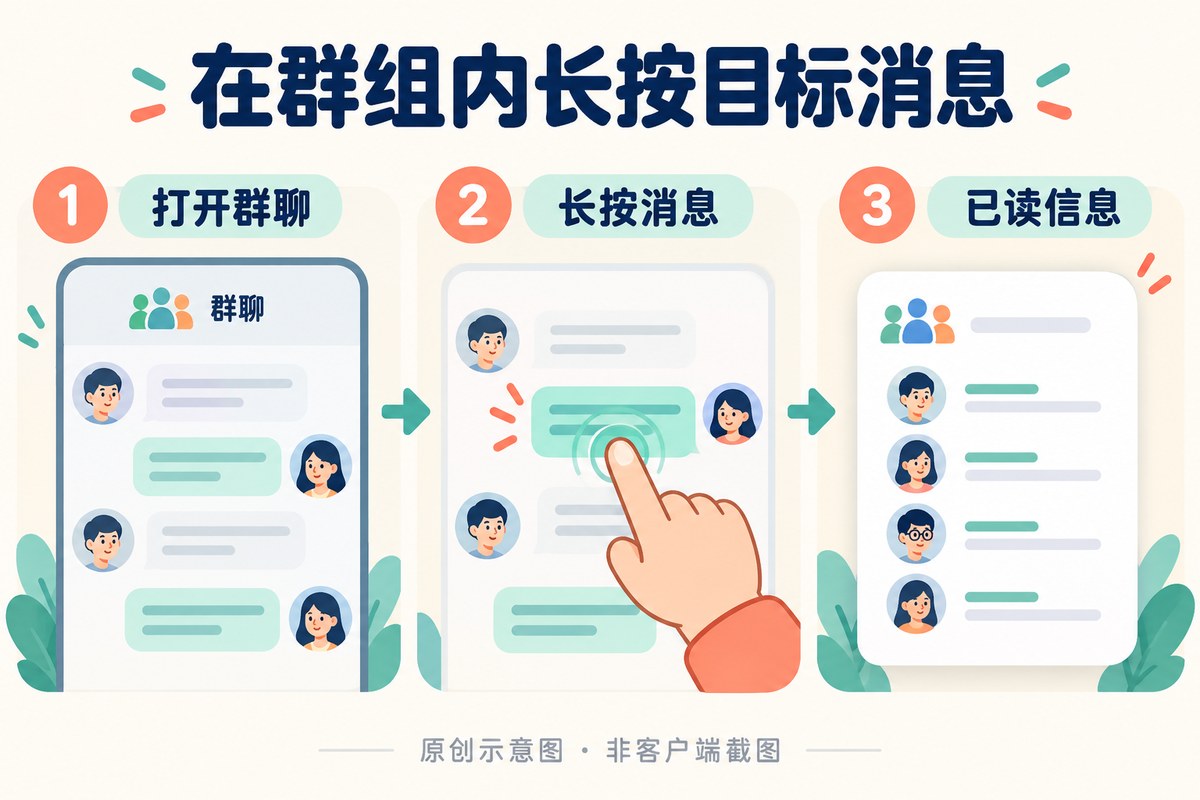 打开群聊、长按目标消息、选择已读信息的三步入口示意
