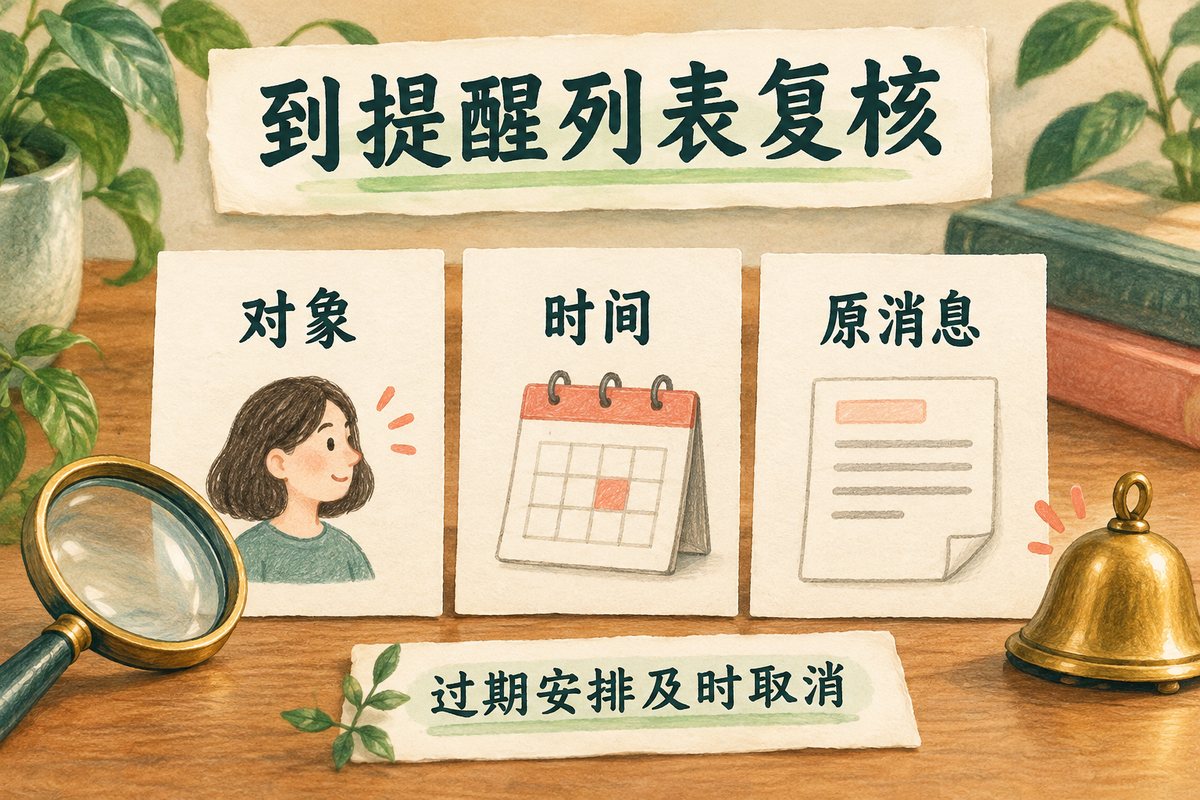 在提醒列表复核对象、时间与原消息,过期安排及时取消对应提醒