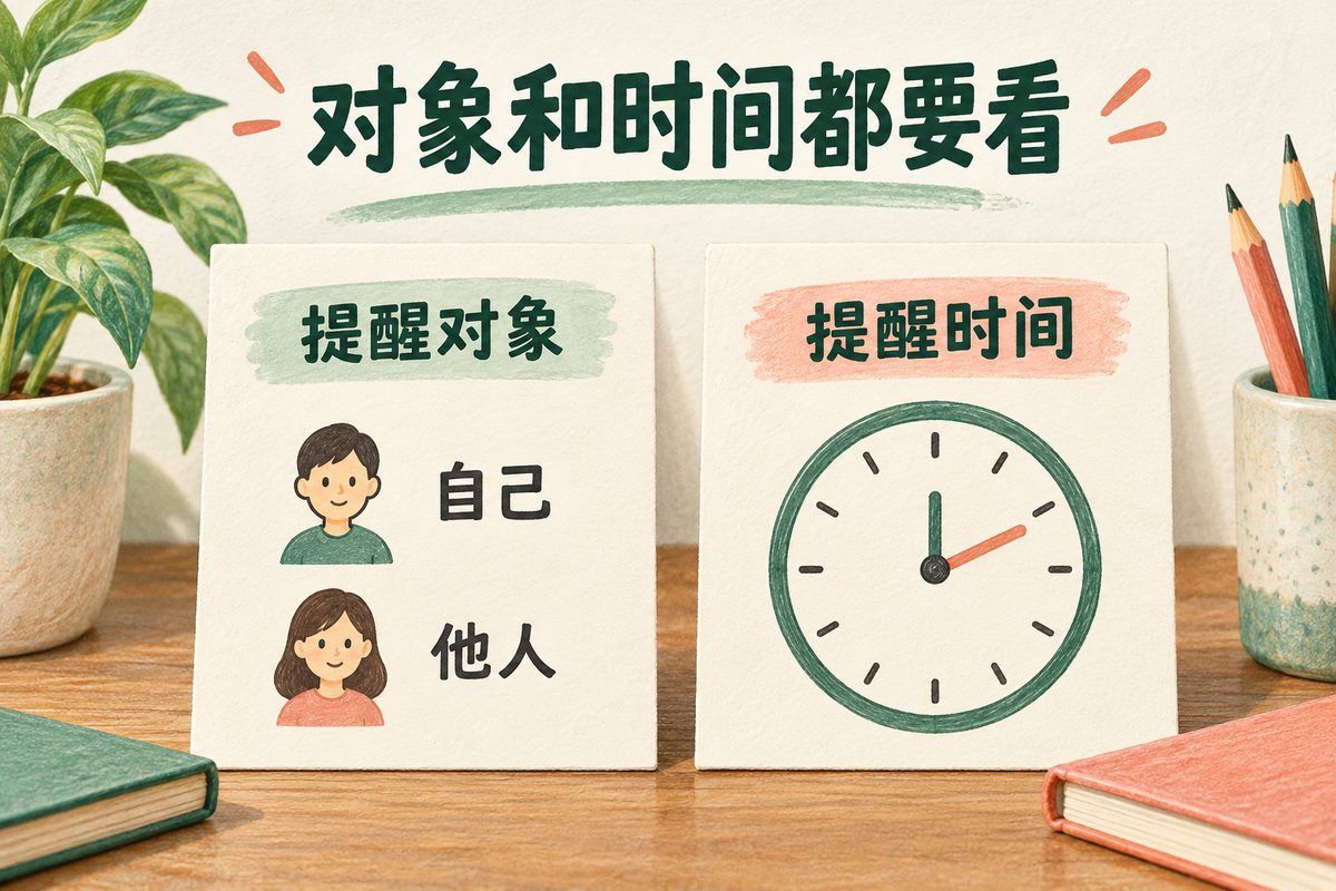 提醒设置应分别核对提醒自己或他人,以及实际日期和时间