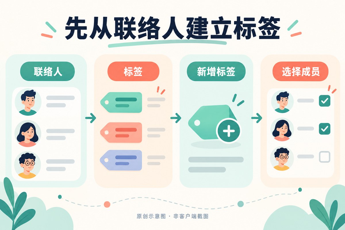 联络人、标签、新增标签、选择成员的建立路径示意