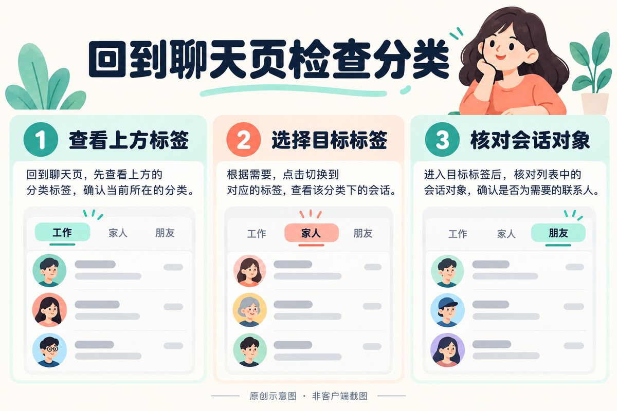 在聊天页查看上方标签、选择分类、核对会话对象的检查步骤