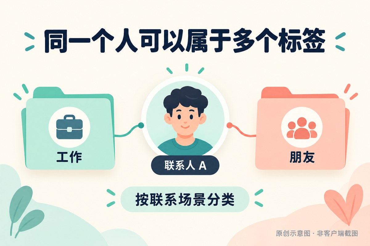 同一个联系人分别归入工作与朋友两个标签的关系示意