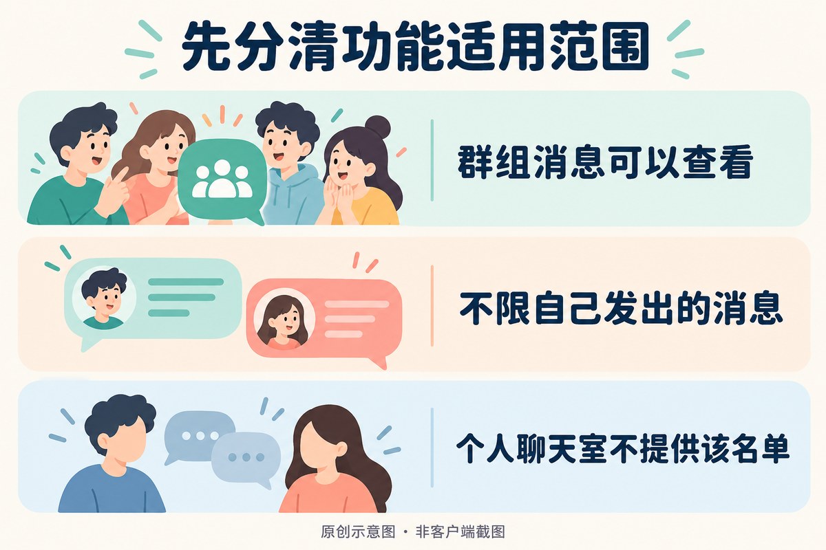 群组消息可查看、不限本人发送、个人聊天室不提供群名单的适用范围说明
