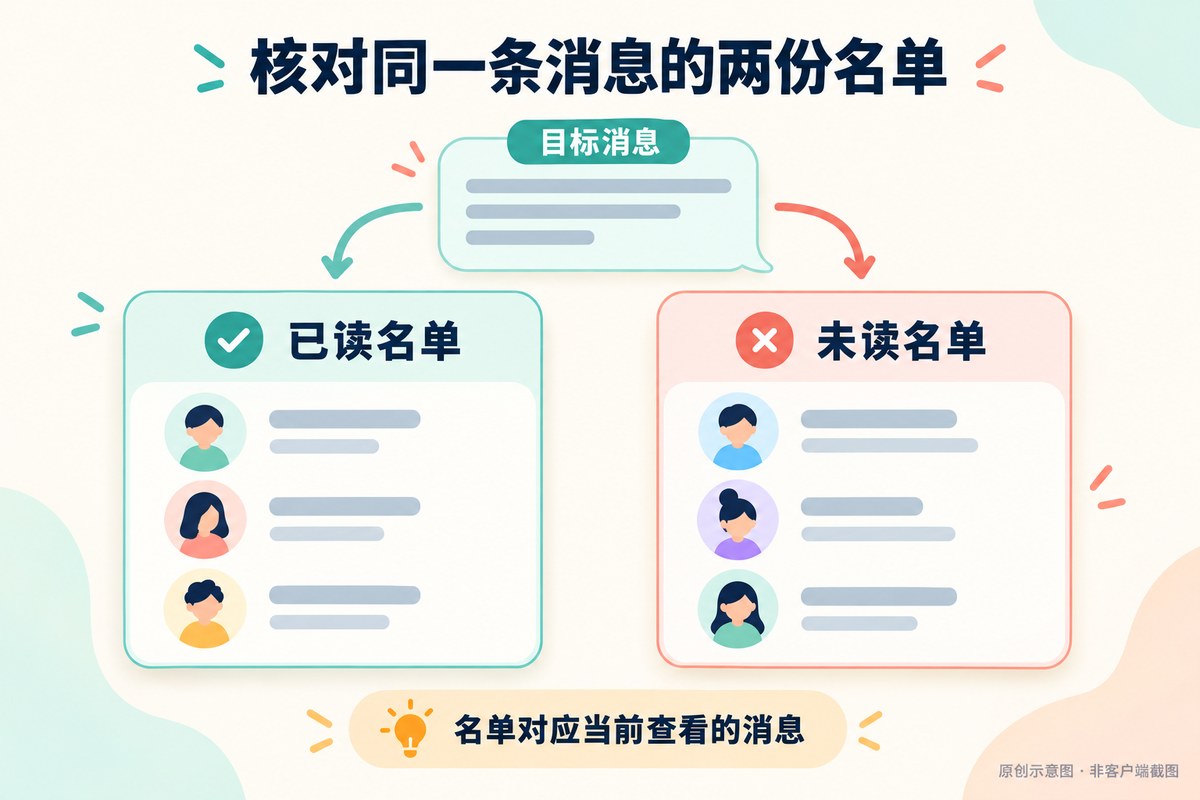 同一条目标消息分别对应已读名单和未读名单的关系示意
